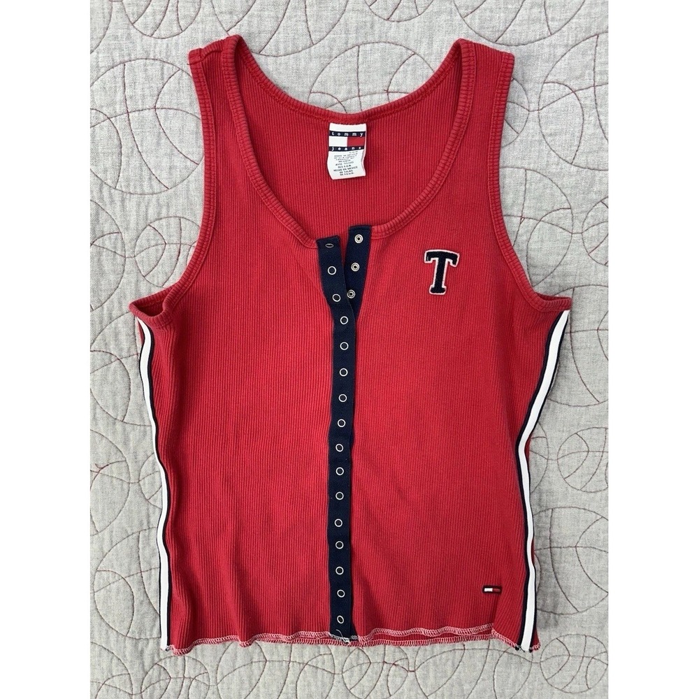Tommy Hilfiger Tank Top Red Ribbed Snap Front‎ Y2K / Women's Large